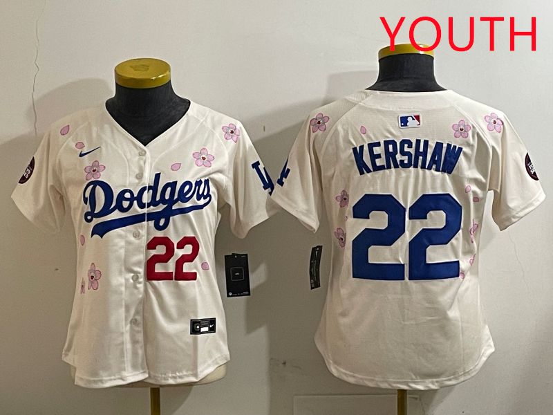 Youth Los Angeles Dodgers 22 Kershaw Cream Sakura Edition 2025 Nike MLB Jersey style 4